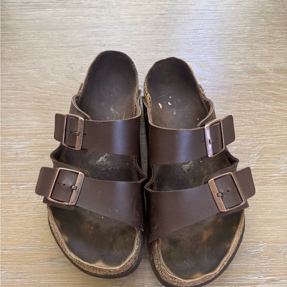 Birkenstock brown leather buckle women’s slip on slides sandals shoes size 10.5 - Picture 5 of 7